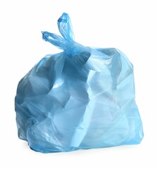 Blue trash bag full of garbage isolated on white
