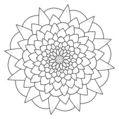 Simple flower mandala with ornate petals and dots, meditative coloring page