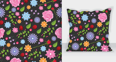 Hand drawing floral seamless pattern with pillow mock up