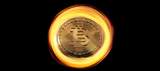 Bitcoin Crypto currency Gold BTC in fire. on dark black background.3d rendering