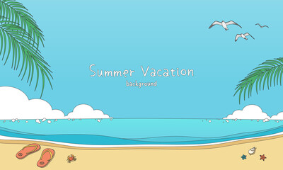 Fototapeta na wymiar Hand drawn style vector illustration of summer sea and sky banner background with copy space. Tropical beach concept.
