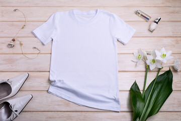 Womens white T-shirt mockup with  lily flowers, necklace