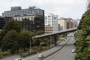 Wellington Urban Motorway, Bolton Street overpass and buildings on background, Wellington, North...