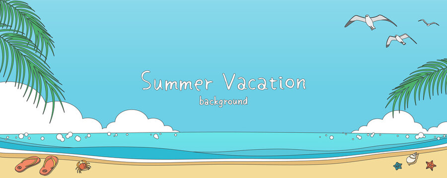 Hand drawn style vector illustration of summer sea and sky banner background with copy space. Tropical beach concept.