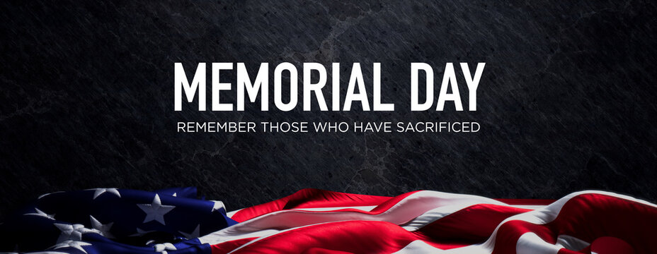 American Flag Banner with Memorial Day Caption on Black Slate. Authentic Holiday Background.