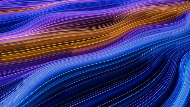 Abstract Neon Lights Background With Blue, Turquoise And Orange Streaks. 3D Render.