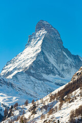 Scenic view on snowy Matterhorn peak and mountains from Gornergrat, Switzerland
