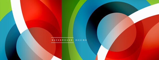 Fototapeta premium Abstract background with color geometric shapes. Beautiful minimal backdrop with round shapes circles and lines. Geometrical design. Vector illustration