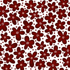 Hand drawn seamless floral pattern with burgundy marsala flowers on neutral beige background. Elegant red black white leaves petals blossom for textile wrapping paper. Summer fall autumn wedding