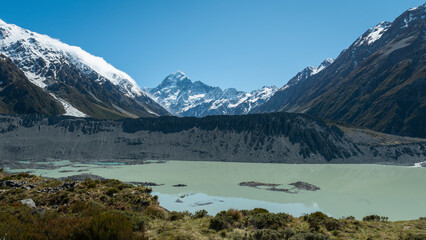 View of Mt Cook and Mueller glacier lake from Kea Point track, Mt Cook National park, New Zealand.
