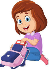 Cute little girl putting a book in her bag