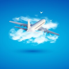 Vector 3d illustration of airplane in the clouds. Travel concept. Booking service or travel agency sign. Air transportation. Flight tickets. Advertising banner.