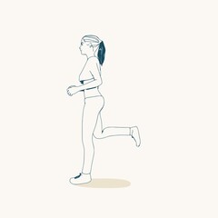 Running woman. Sport girl illustration. Casual sportwear - t-shirt, breeches and sneakers. Young woman wearing workout clothes. Sport fashion girl outline in urban casual style.