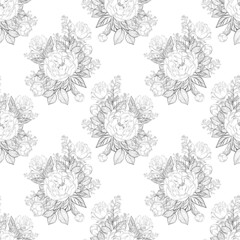 Line art flowers seamless pattern. Composition of botanical elements for fabric, wallpapper and surface design.