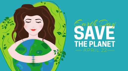 Earth Day Save the Planet Vector Illustration for 22 April with Girl Hug Planet Globe 