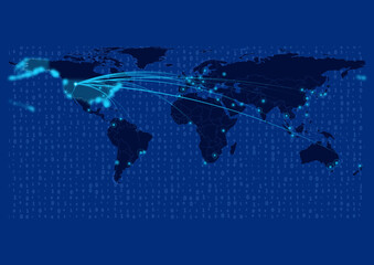 Concept vector map of USA suitable for technology, cyber security, crypto currency. Map showing United States America connected to major cities around the world.