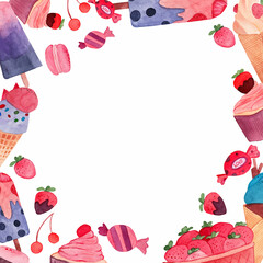 Ice cream frame for decoration. Watercolor ice cream, dessert and confectionary illustrations. Cute pink and purple art for cards. Cupcake, sweets, macarons, strawberries clip art. 