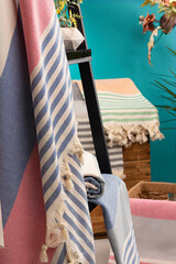 Peshtemal Turkish towel folded and open, colorful textile for spa, beach, pool, light travel, healthy fashion and gifts