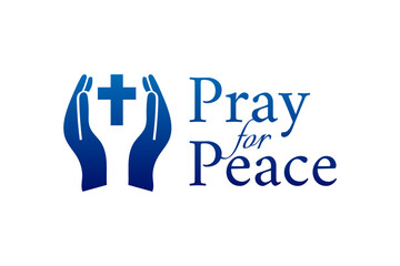Pray for Peace Christian Vector Logo Icon with Cross and Hands
