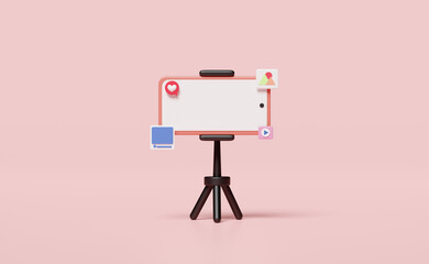 3D social media with mobile phone, smartphone, tripod icons isolated on pink background. online video live streaming, communication applications, notification message concept, 3d render illustration - obrazy, fototapety, plakaty