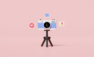 3D social media with camera tripod icons isolated on pink background. online video live streaming, communication applications, notification message concept, 3d render illustration