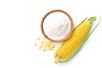 Flat lay of Corn starch in wooden bowl with fresh corn isolated on white background.