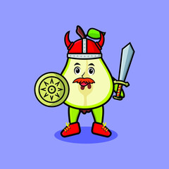 Cute cartoon character Pear fruit viking pirate with hat and holding sword and shield in cute modern style design 