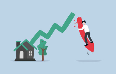 Failure speculation from estate investment, inflated real estate demand, economic bubble crisis cause investor to be in debt or bankrupt concept. Businessman holding falling red estate graph arrow.  - obrazy, fototapety, plakaty