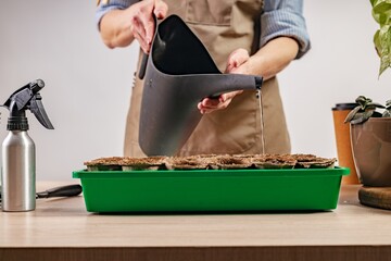 Woman watering planted seeds. Process of preparation prepended seedlings for the new season. Home gardening concept. Domestic life and hobbies.