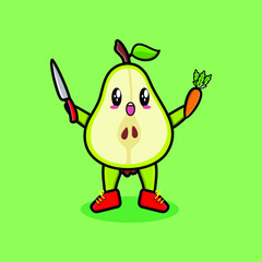 Cute cartoon pear fruit character holding knife and carrot in modern style design  