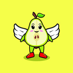 Cute cartoon pear fruit character wearing wings in modern style design  