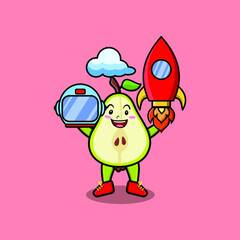 Cute mascot cartoon character Pear fruit as astronaut with rocket, helm, and cloud 