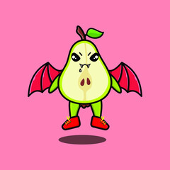 Cute mascot cartoon Pear fruit character as dracula with wings in cute modern 