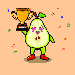 Cute Cartoon character illustration of pear fruit is holding up the golden trophy with happy gesture, cute modern style design 