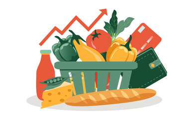vector illustration on the theme of rising food prices. The rise in prices for products. food basket, credit card, wallet and up arrow. trend illustration in flat style 