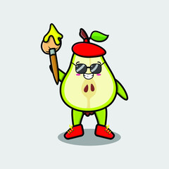 Cute cartoon character Pear fruit painter with hat and a brush to draw in cute design style design