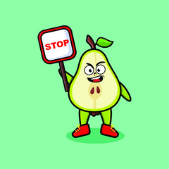 Cute Cartoon mascot illustration pear fruit with stop sign board vector drawing cute modern style design