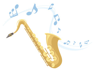 A tenor saxophone playing music on isolated white background. Vector illustration in flat cartoon style.