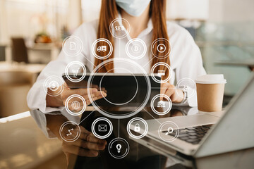 Digital marketing media in virtual screen.business working digital tablet, smartphone with keyboard and computer laptop