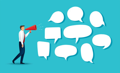 businessman hold megaphone loudspeaker. Concept of marketing or advertisement