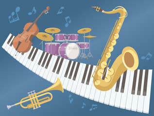 Musical instruments playing music on midnight blue background. instruments : piano, tenor saxophone, trumpet, contrabass,  drums. Vector illustration in flat cartoon style.