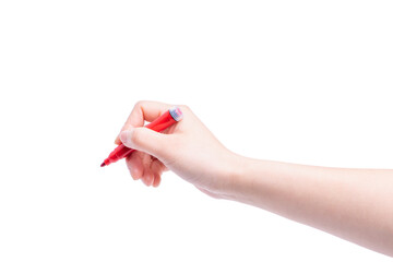 A female hand holding red color marker on white background.