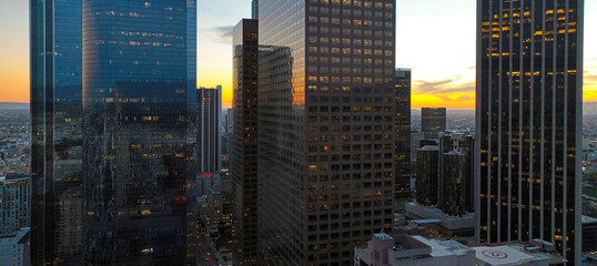 City of Los Angeles, panoramic cityscape skyline scenic at sunset.
