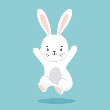 Cute character white bunny jumping. Vector illustration of rabbit isolated on blue. Symbol new year 2023