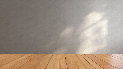 3D rendering of empty shiny wooden counter top for products display in front of a concrete wall with beautiful sun light and window frame shadow shine on. Background, Mock up, Backdrop, Home, Natural.