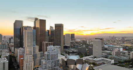 Urban aerial view of downtown Los Angeles. Panoramic city skyscrapers. Downtown cityscape of Lod Angeles. - obrazy, fototapety, plakaty
