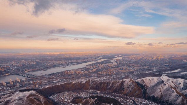Krasnoyarsk Russia reserve nature Stolby, Aerial top view winter sunset