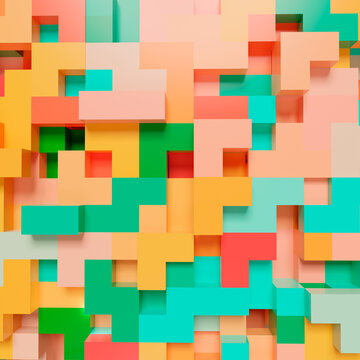 3D rendering colorful abstract geometric wall with cubes. Background square format with pastel colors and offset elements. Abstract shapes from tetris game. 3d image.