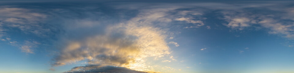 Dark blue sunset sky panorama with Cumulus clouds. Seamless hdr pano in spherical equirectangular format. Complete zenith for 3D visualization, game and sky replacement for aerial drone 360 panoramas.