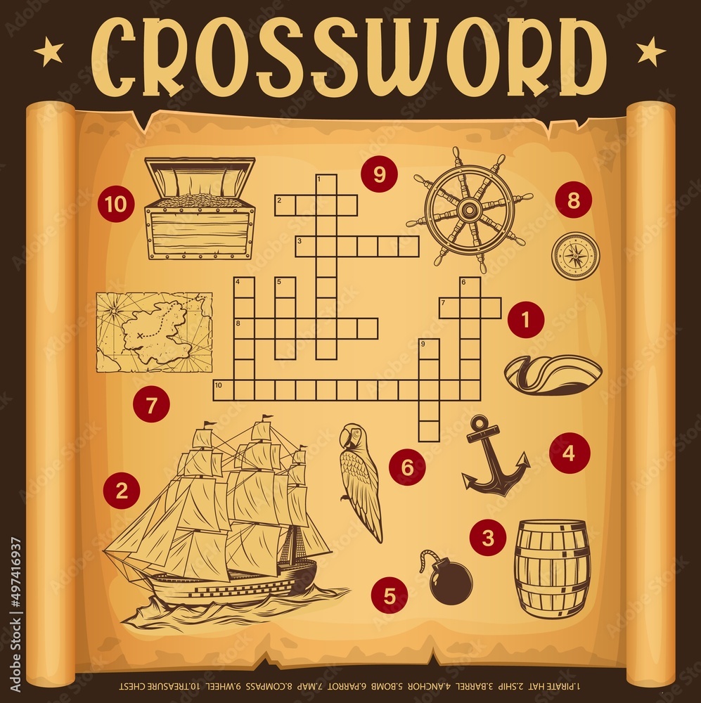Aufkleber pirate map and piracy crossword grid. find a word quiz game, children educational game, kids logical